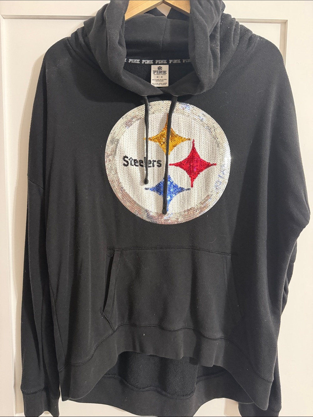 PINK Victoria's Secret Black Crewneck Hoodie with Sequin Steelers Logo